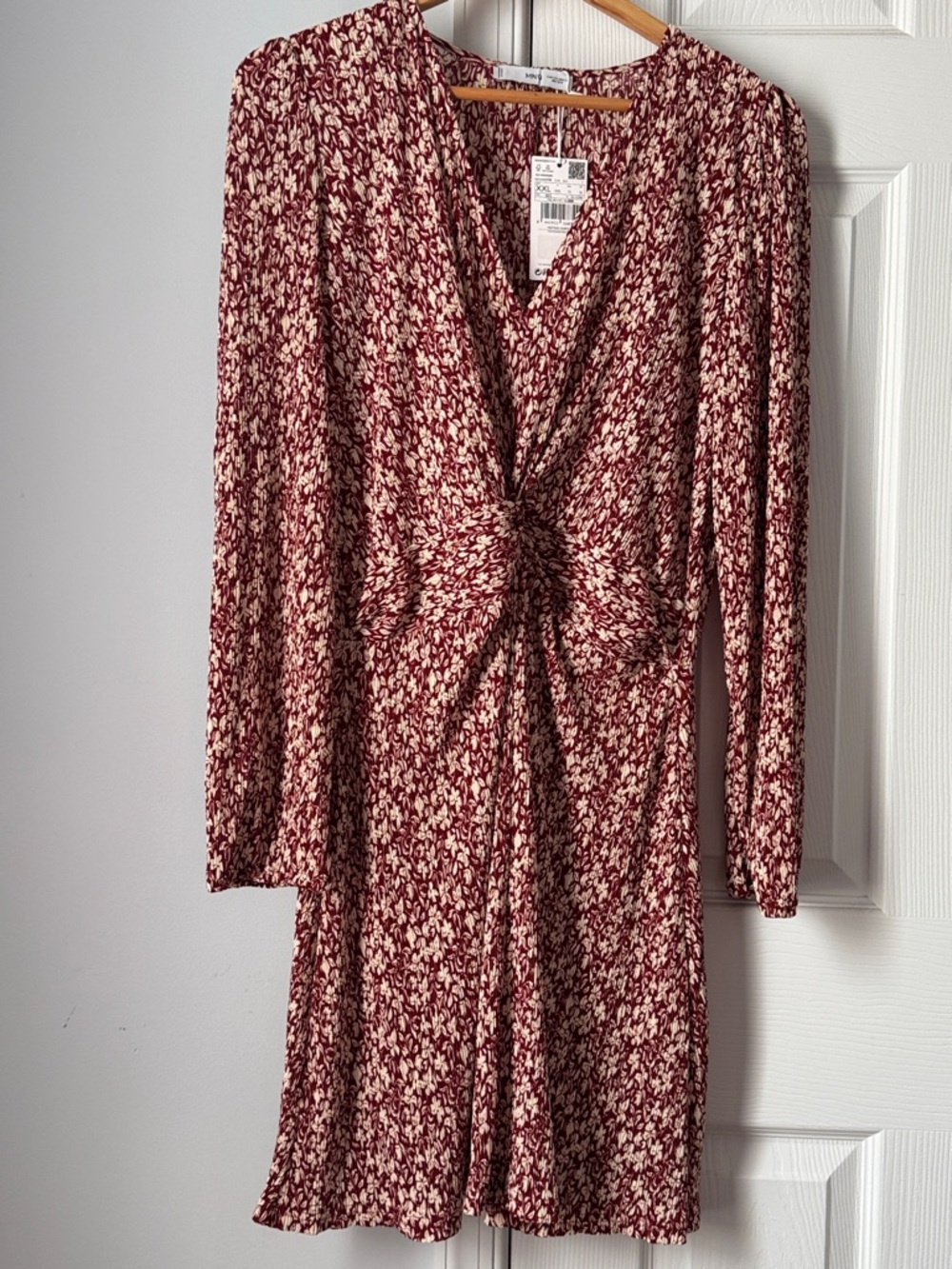 Mango Maroon and Cream Twist-Front Long Sleeve Dress